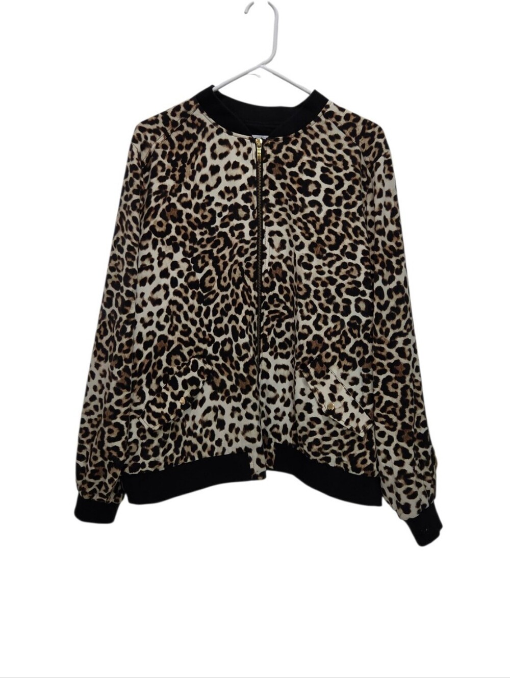 Susan Graver Leopard Print Bomber Jacket Womens XL Gold Zip Animal Print QVC